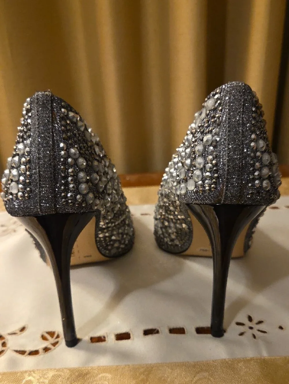 GIANNI BINI- Embellished Silver Crystal Pointed-Toe Pumps W/ Black Heel